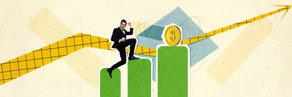 Composite panoramic photo collage of happy businessman increase income gold coin dollars money promotion isolated on painted background.