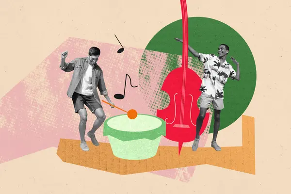 Collage Creativo Joven Dos Hombres Bailarines Artistas Instrumentos Musicales Instrumentistas —  Fotos de Stock