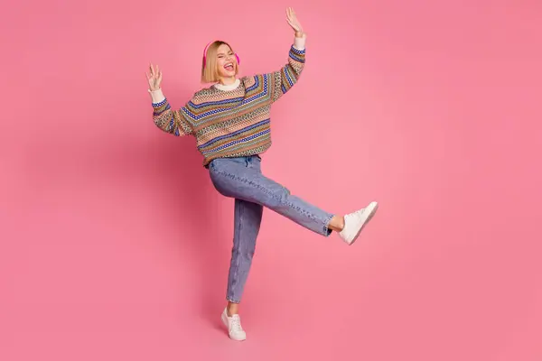 Full Size Photo Satisfied Girl Wear Ornament Sweater Jeans Listen — Stock Photo, Image