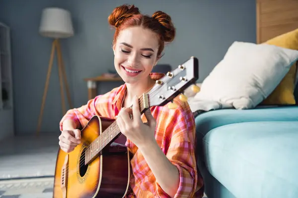 Portrait Lovely Cheerful Young Lady Beaming Smile Playing Guitar Weekend — Stock Photo, Image