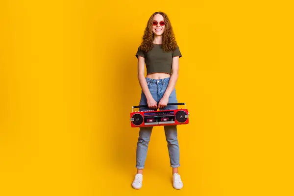 Photo Positive Girl Dressed Stylish Clolthes Hold Boombox Have Fun — Stock Photo, Image