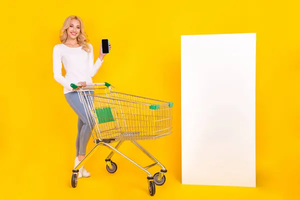 Full Body Photo Cool Millennial Blond Lady Shopping Hold Telephone — Stock Photo, Image