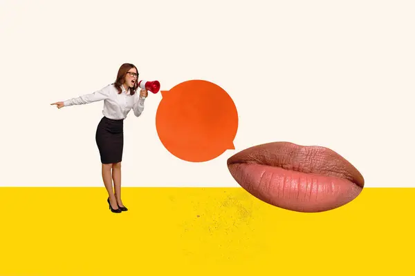 複合トレンドアートワークスケッチ画像 女性ボスの3D写真コラージュ ハンドスピーカーの背の高い指示を労働者巨大な唇に保持 — ストック写真
