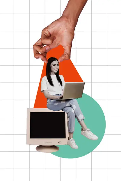 Vertical Criativo Foto Colagem Sentado Jovem Menina Freelancer Laptop Gadget — Fotografia de Stock