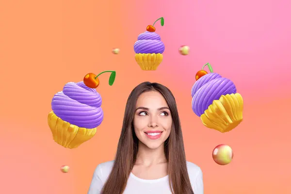 Kreativní Koláž Obrázek Mladý Vzrušený Hezká Dívka Chtějí Třešňové Ovoce — Stock fotografie