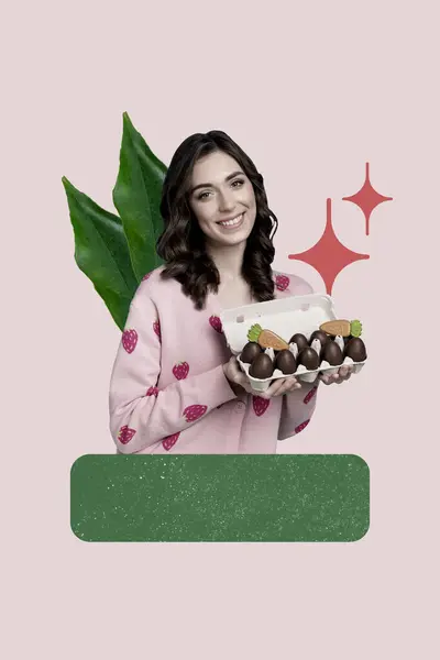 快乐快乐的女孩双手托着盘子巧克力蛋姜饼胡萝卜复活节的图像拼贴 在创意的背景下被隔离 — 图库照片