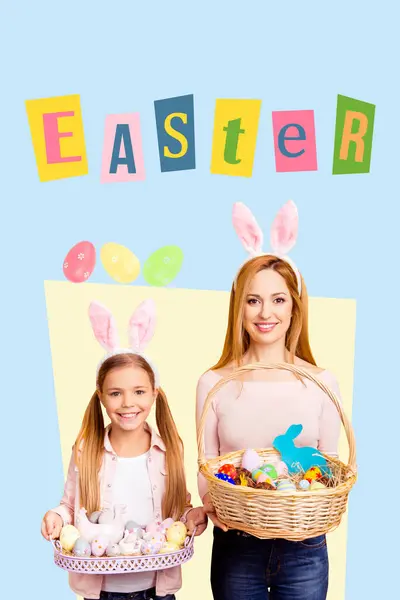 Vertical Photo Collage Joyful Smile Mother Daughter Hold Basket Easter —  Fotos de Stock