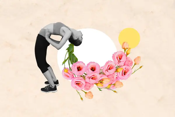 Creative Collage Picture Young Woman Exercise Coach Practicing Gentle Flowers — Stock Photo, Image