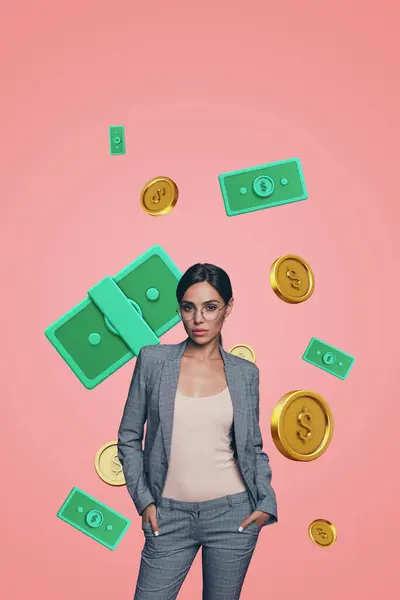 Vertical Creative Picture Collage Young Confident Businesswoman Trader Investor Money — Stock Photo, Image