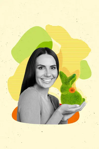 Criativa Imagem Colagem Cartaz Jovem Sorrindo Mulher Segurando Verde Coelho — Fotografia de Stock