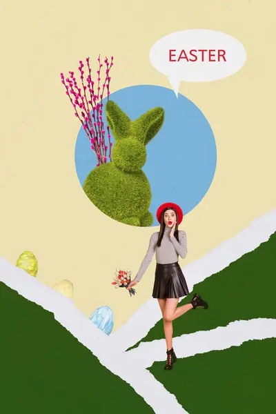 Vertical Photo Collage Topiary Rabbit Say Easter Young Surprised Girl — Stock Photo, Image