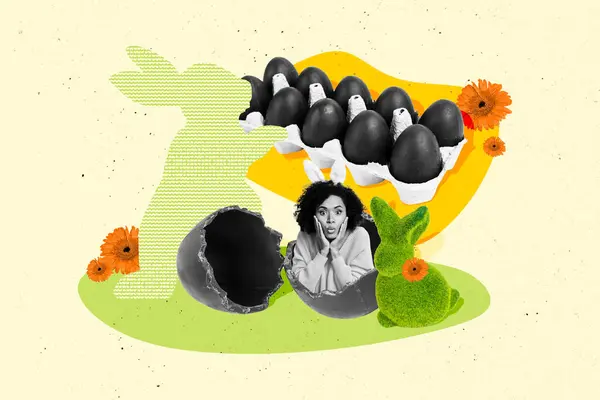 Imagen Collage Creativo Joven Chica Sorprendida Huevos Conejo Orejas Traje — Foto de Stock