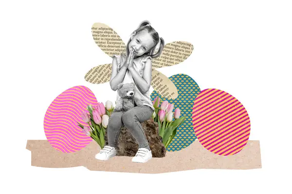 Δημιουργική Κολάζ Φωτογραφία Εικόνα Κάθεται Μικρά Χαριτωμένα Μικρά Παιδιά Κορίτσι — Φωτογραφία Αρχείου