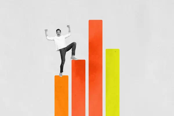 Sketch image trend artwork composite 3D photo collage of young hardworking man stats growth make step success platform motivation go high.