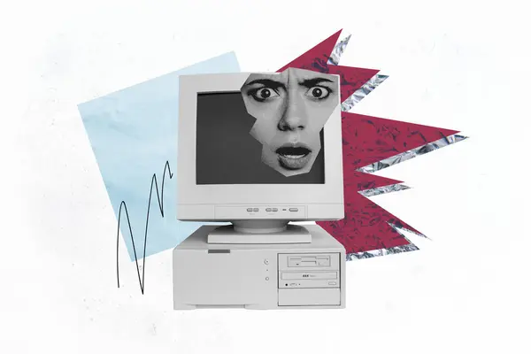 Photo collage picture young woman worried face head fragment cutout appear computer screen monitor modern technology drawing background.