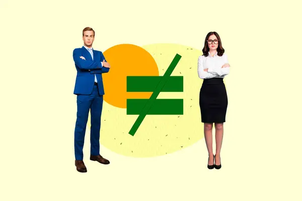 Creative Collage Picture Standing Young Colleagues Businesspeople Crossed Equal Sign — Stock Photo, Image