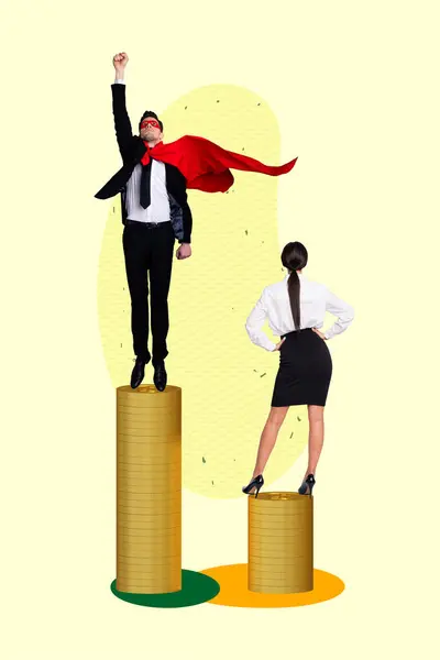Vertical Collage Picture Standing Businesspeople Successful Traders Superhero Man Red — Stock Photo, Image