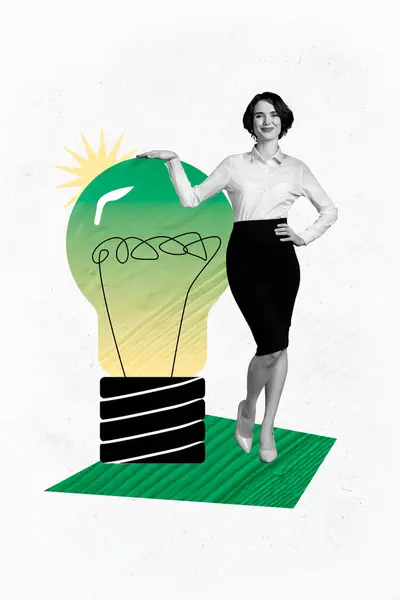 Вертикальная Графика Коллаж Образ Молодой Девушки Предпринимателя Касаются Лампочки Новый — стоковое фото