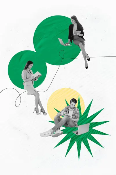 Imagem Colagem Gráficos Verticais Líderes Equipe Sérios Cumprir Atribuição Internet — Fotografia de Stock