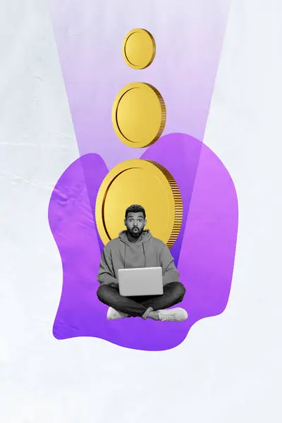 Collage Créatif Vertical Assis Jeune Homme Succès Bitcoin Jetons Commerçant — Photo