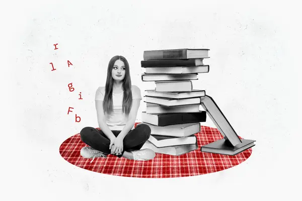 Genç Kız Öğrencinin Kompozit Grafik Kolaj Resmi Hava Pikniği Kitapları — Stok fotoğraf