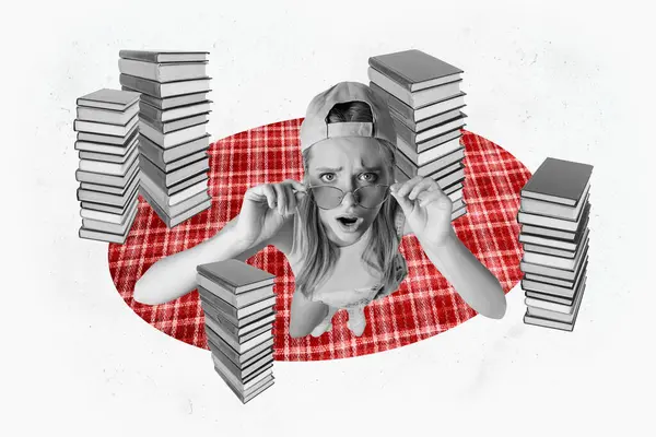 複合グラフィックコラージュ画像不満少女パイルブック文学ブックワームの宿題読書白い色の背景で隔離された平凡なマット — ストック写真