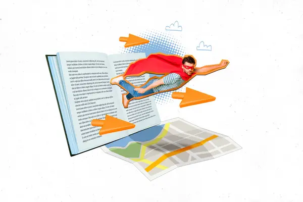 Colagem Fotos Composto Criativo Homem Voando Para Fora Livro Obter — Fotografia de Stock