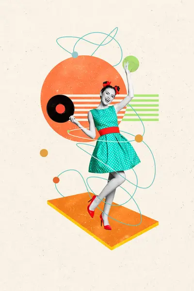 Collage Poster Creativo Bella Danza Femminile Retro Vinile Registratore Musica — Foto Stock