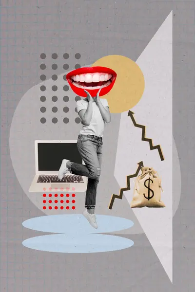 Kreativ Vertikal Collage Huvudlös Kvinna Karikatyr Ansikte Fragment Mun Läppar — Stockfoto