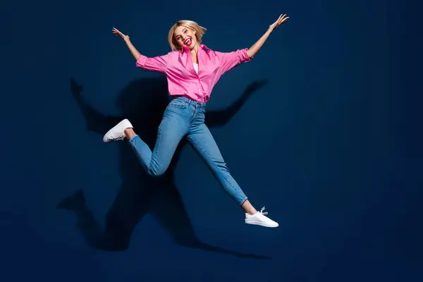 Full Length Photo Lovely Young Lady Jumping Have Fun Running — Stock Photo, Image