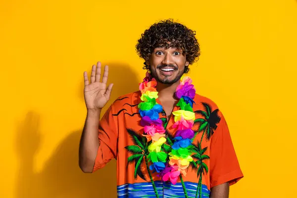 Portrait Von Positiven Kerl Mit Afro Frisur Tragen Hawaii Blume — Stockfoto