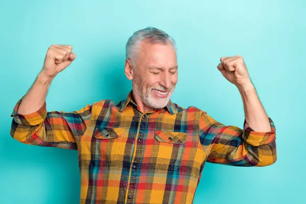 Photo Lucky Funky Retired Man Wear Plaid Shirt Rising Fists — Stock Photo, Image