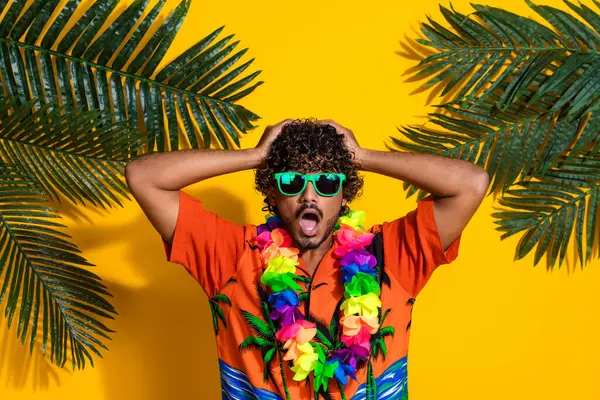 Portrét Ohromen Chlap Afro Vlasy Nosit Havaj Květinový Náhrdelník Brýlích — Stock fotografie