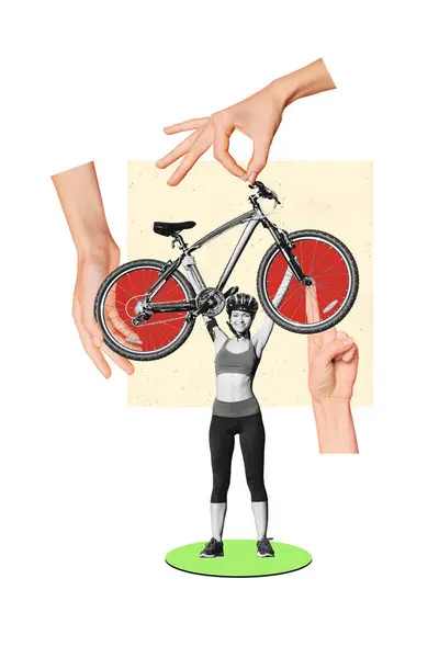 3d photo artwork graphics collage painting of excited lady rising bicycle isolated white color background.