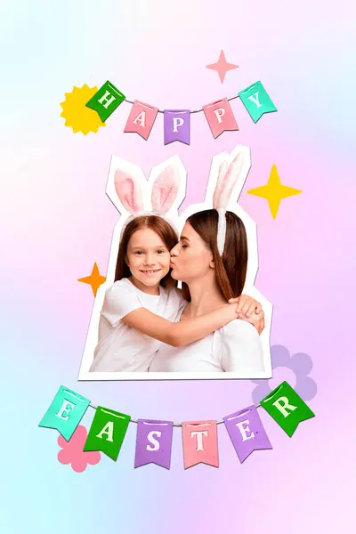 Collage Fotos Obras Arte Encantadora Madre Feliz Hija Celebrando Pascua — Foto de Stock