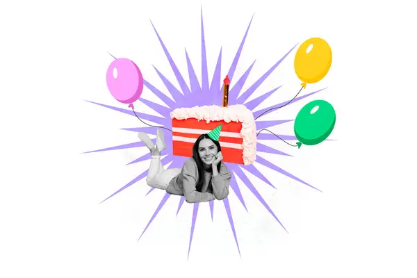 Imagem Colagem Composta Mini Positivo Menina Grande Bolo Aniversário Balões — Fotografia de Stock