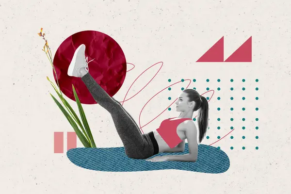 年轻女子仰卧起坐腿练习的创意抽象模板拼贴喜欢做运动训练奇怪的异想天开的广告牌 — 图库照片