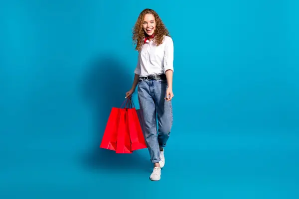 Photo Portrait Pretty Young Woman Hold Walking Shopping Bags Dressed — Stock Photo, Image