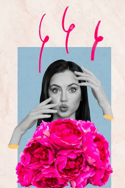 Vertikale Kreative Collage Bild Junge Hübsche Mädchen Blasen Lippen Frisch — Stockfoto