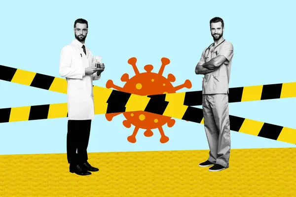 两名严重化验室医生在涂装背景下分离禁区病毒共生体探针的复合照片拼贴 — 图库照片