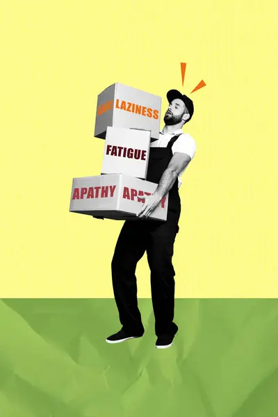 Vertical Photo Collage Strong Guy Deliver Boxes Inscription Laziness Fatigue — Stock Photo, Image