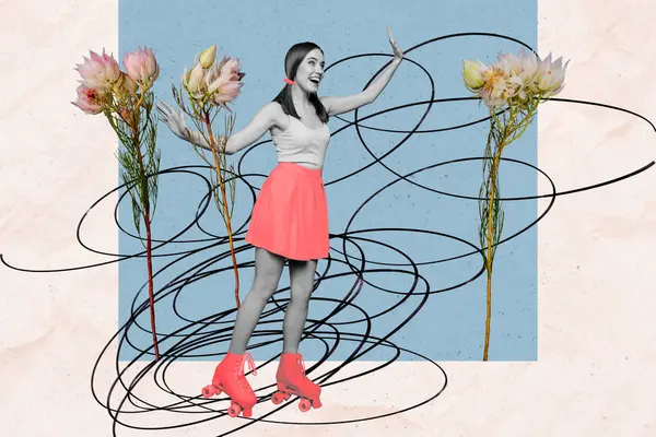 Kreative Collage Bild Junge Fröhliche Mädchen Reiten Rollen Zeichnung Doodles — Stockfoto