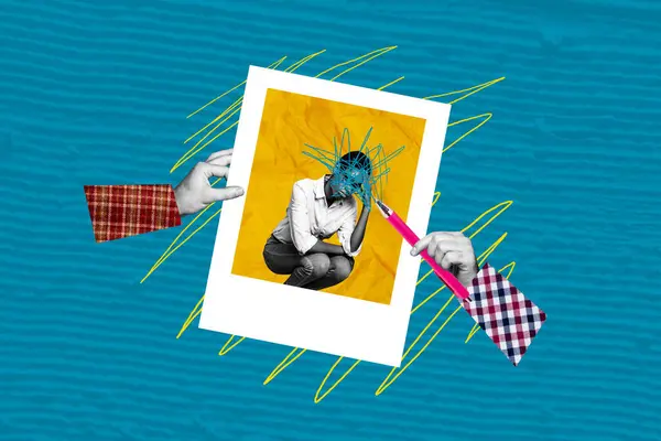 Samengestelde Foto Collage Van Eenzame Amerikaanse Meisje Post Handen Krabbelen — Stockfoto