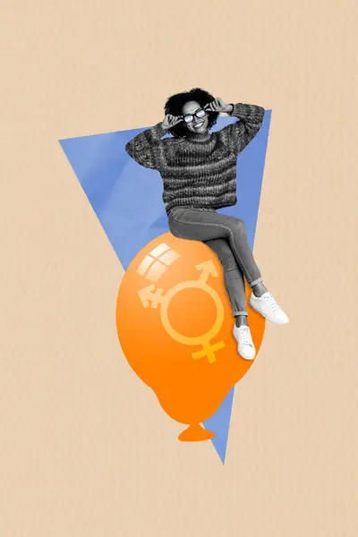 不同性别符号的大气球上坐着的黑白相间轮廓年轻女士的复合趋势素描拼贴 — 图库照片
