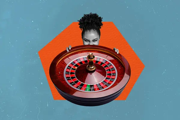 Sammansatt Foto Collage Listig Afrikansk Flicka Kika Roulette Bord Poker — Stockfoto
