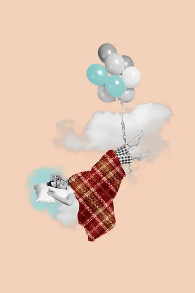 Kreatywny Kolaż Obraz Szczęśliwy Beztroski Młody Sen Dziewczyna Latać Niebo — Zdjęcie stockowe