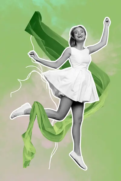 Вертикальный Коллаж Молодой Счастливой Энергичной Танцовщицы Беззаботной Радостной Красивой Девушки — стоковое фото
