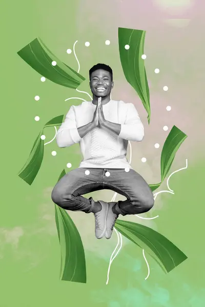 Vertical Collage Young Smiling Man Hands Gesture Pleading Pray Meditating — Stock Photo, Image