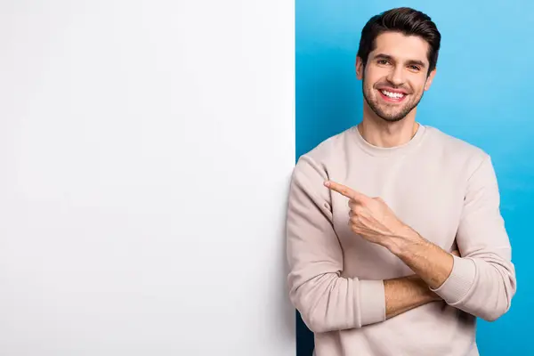 Portrait Nice Young Man Point Finger Empty Space Billboard Wear — Stock Photo, Image