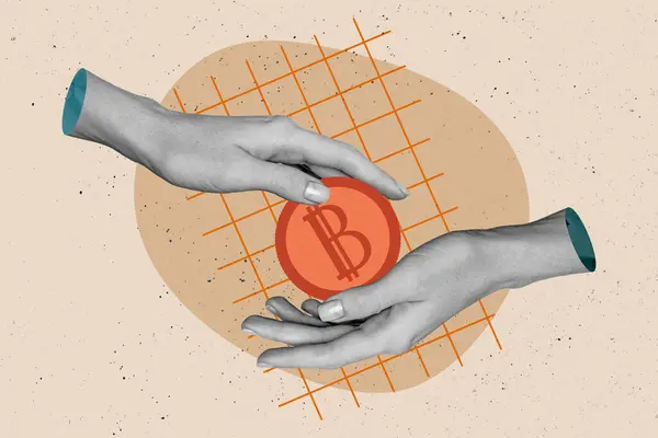 Creative Photo Collage Human Hands Hold Bitcoin Token Cryptocurrency Concept — Stock Photo, Image